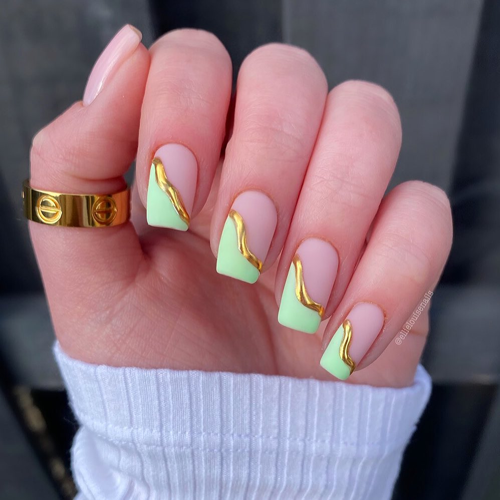 Mint Green Nails with Opulent Gold Accents