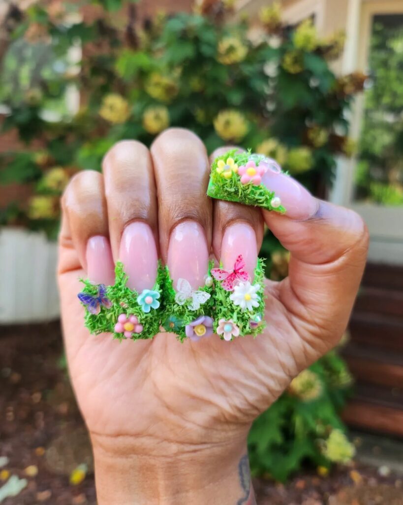 3D Mossy Forest Floor-Inspired Green Nails