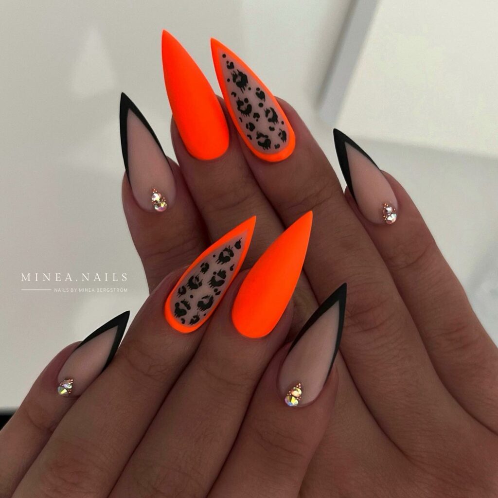 Orange and Leopard Print Stiletto Nails