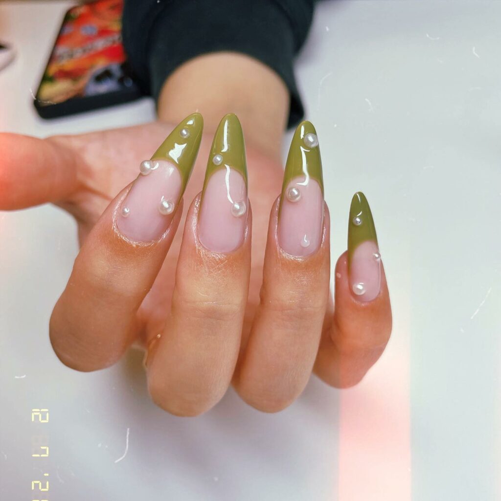 Almond Green Nails Embellished with Pearls