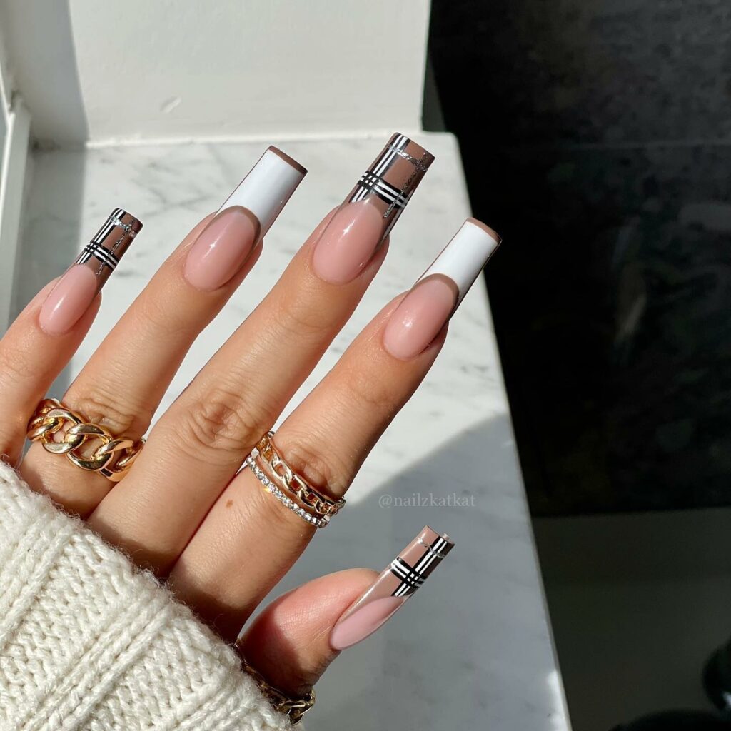 Plaid Inspired French Long Nails