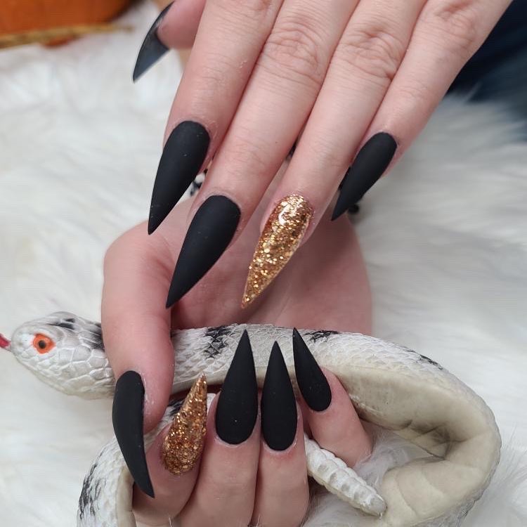 Pointed Glitter Black and Gold Nails