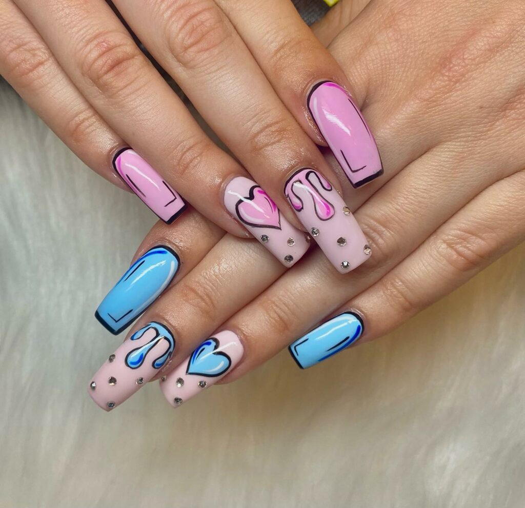 Cartoon Nails Embellished with Shimmering Gems