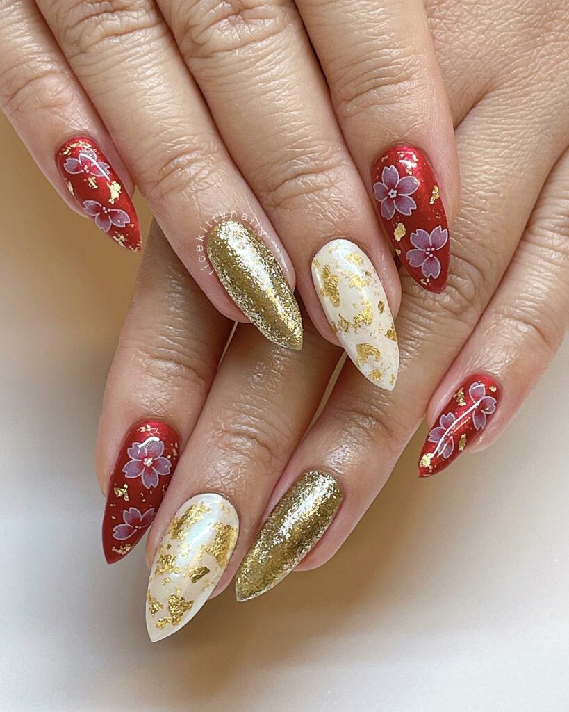 Red, White, and Gold Nails