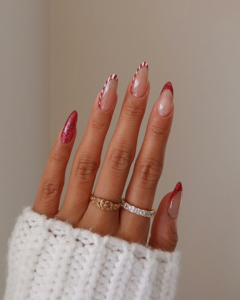 Candy Cane-Inspired Red and White Nails