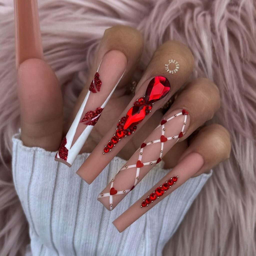 Red and White Nails with Gems