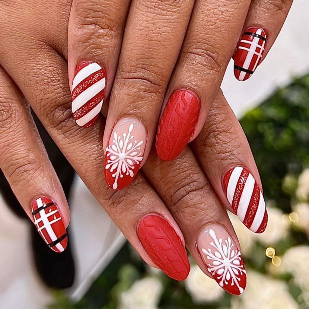 Knit-Patterned Nails in Red and White