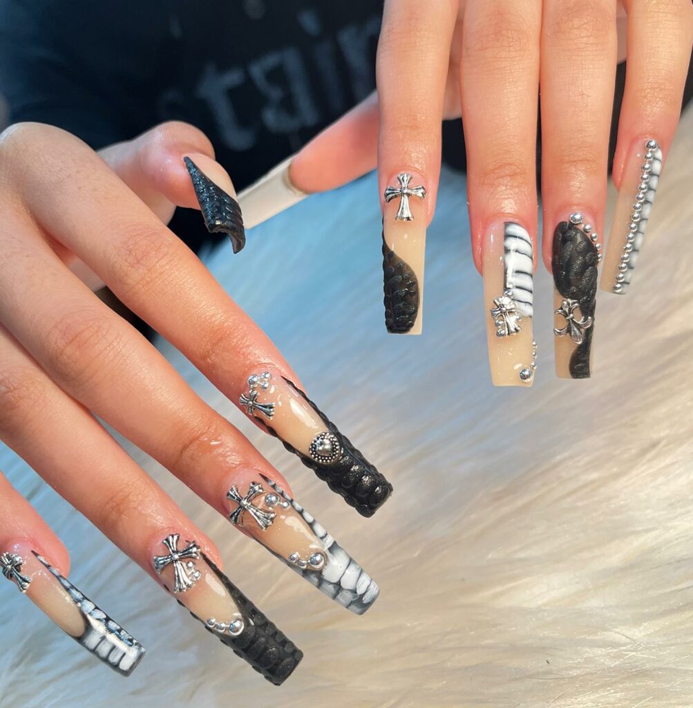 Rhinestones and Black Coffin Nails