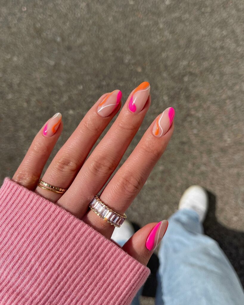 Swirly Orange and Pink Nails