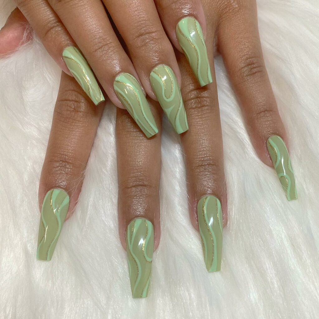 Swirly Patterns on Sage Green Acrylic Nails