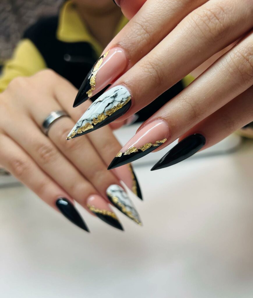 Black and White Marble Stiletto Nails