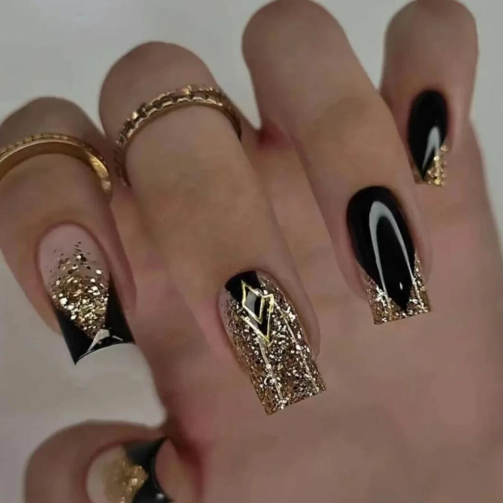 Sliver of Color Black and Gold Nails