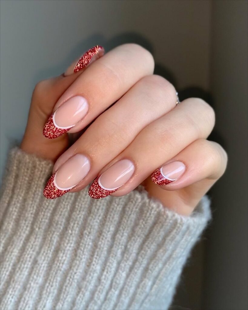 French Manicure with Red and White Sparkle