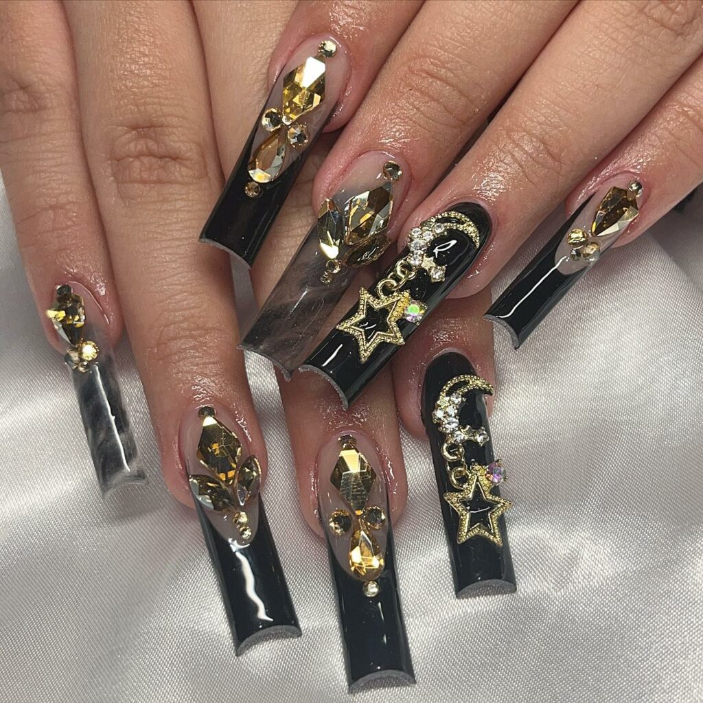 Square Black and Gold Nails