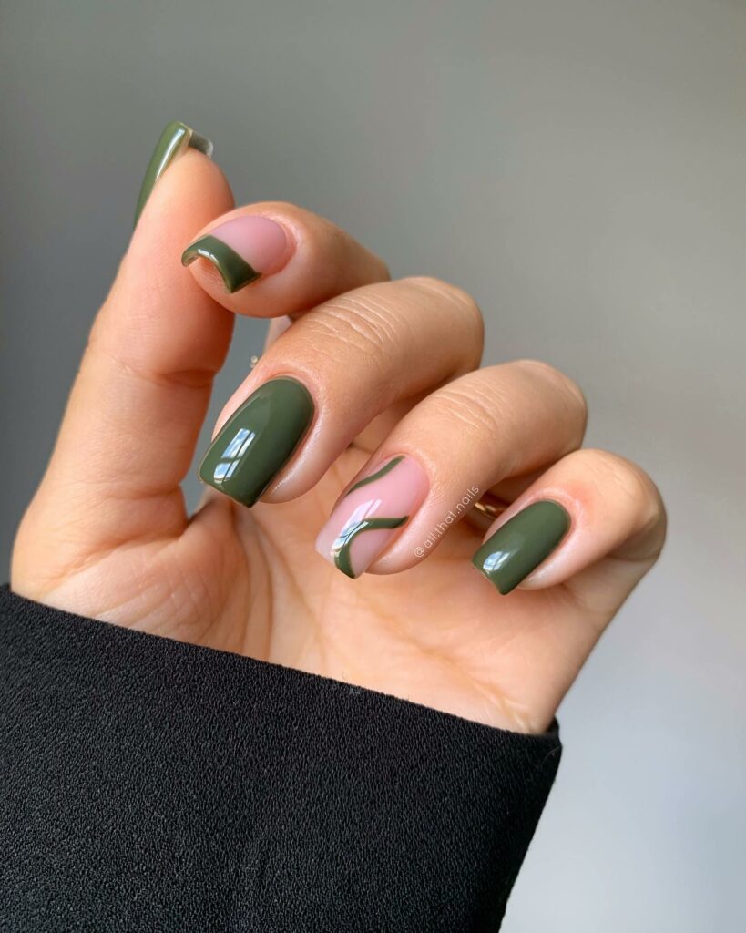 Square Green Nails with Artistic Swirls