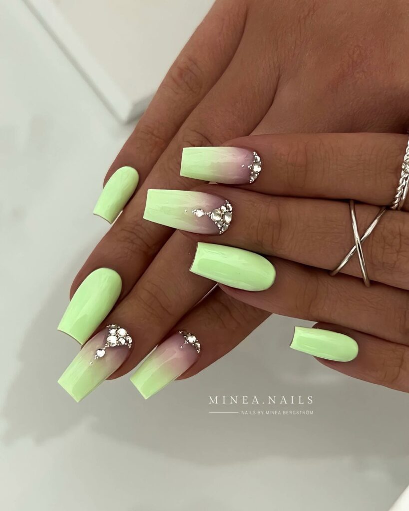 Square Mint Green Nails with Rhinestone Elegance