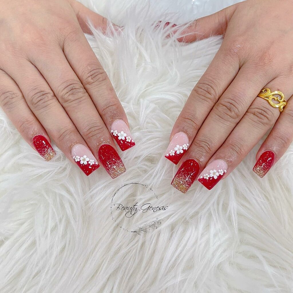 Square-Shaped Red and White Nails