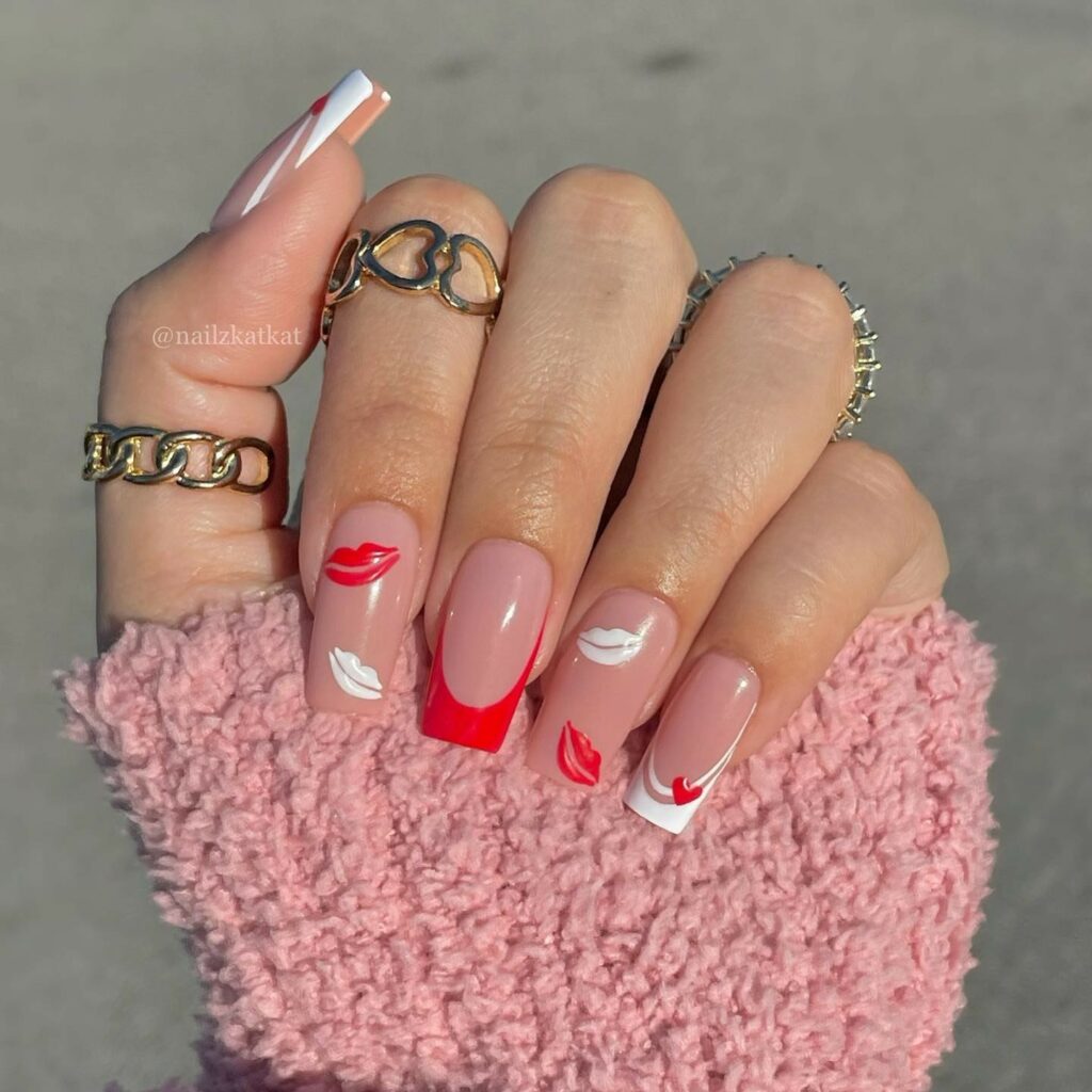 Red and White Square Nails