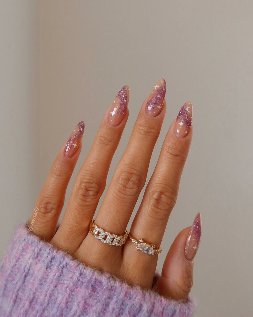 Starry Designs on Clear Pink Nails