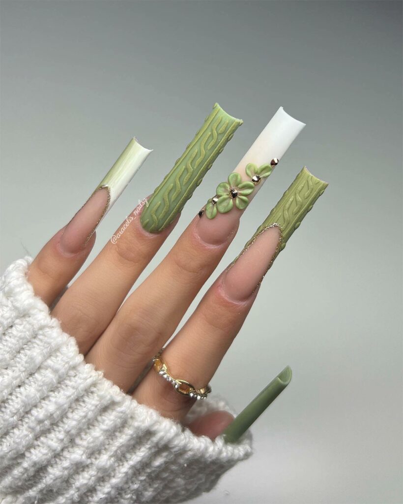 Cozy Sweater-Inspired Green Long French Nails