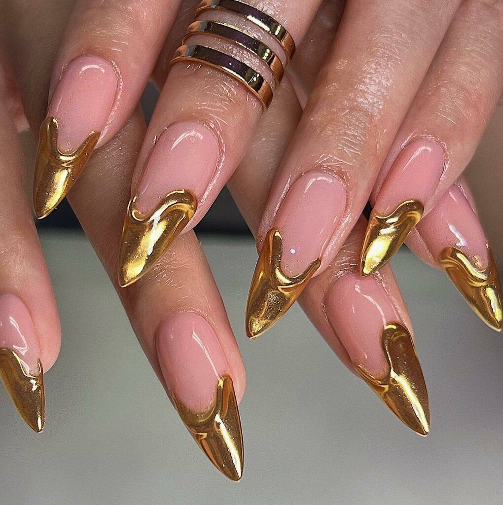 Chrome French Gold Stiletto Nails