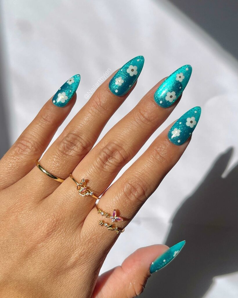 Floral Teal Nails