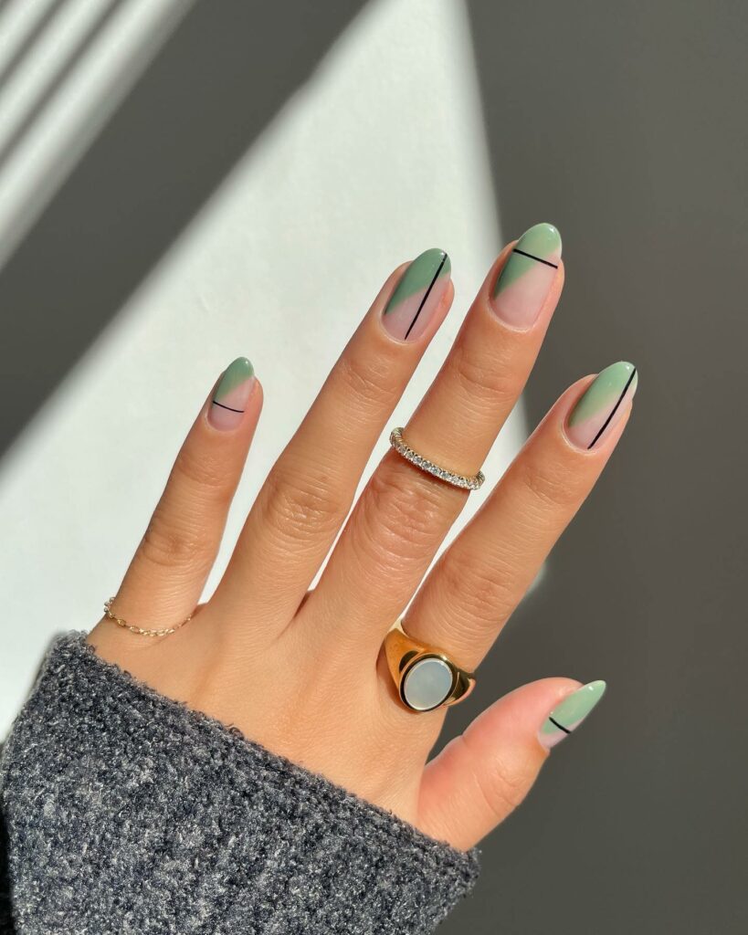 Geometric Patterns Atop Sage Green Nails