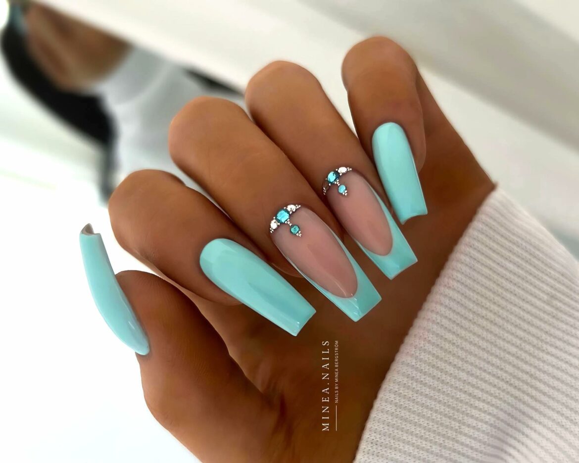 Teal Coffin-Shaped Long French Nails