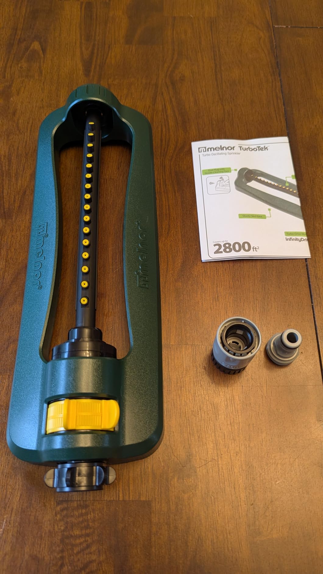 Melnor 65148AMZ TurboTek Oscillating Sprinkler, 2,800 sq. ft., Quick Connect Bundle, 16 Precision Nozzle, Green, Yellow Customer Review Melnor 65148AMZ TurboTek Oscillating Sprinkler, 2,800 sq. ft., Quick Connect Bundle, 16 Precision Nozzle, Green, Yellow - Customer Photo 2