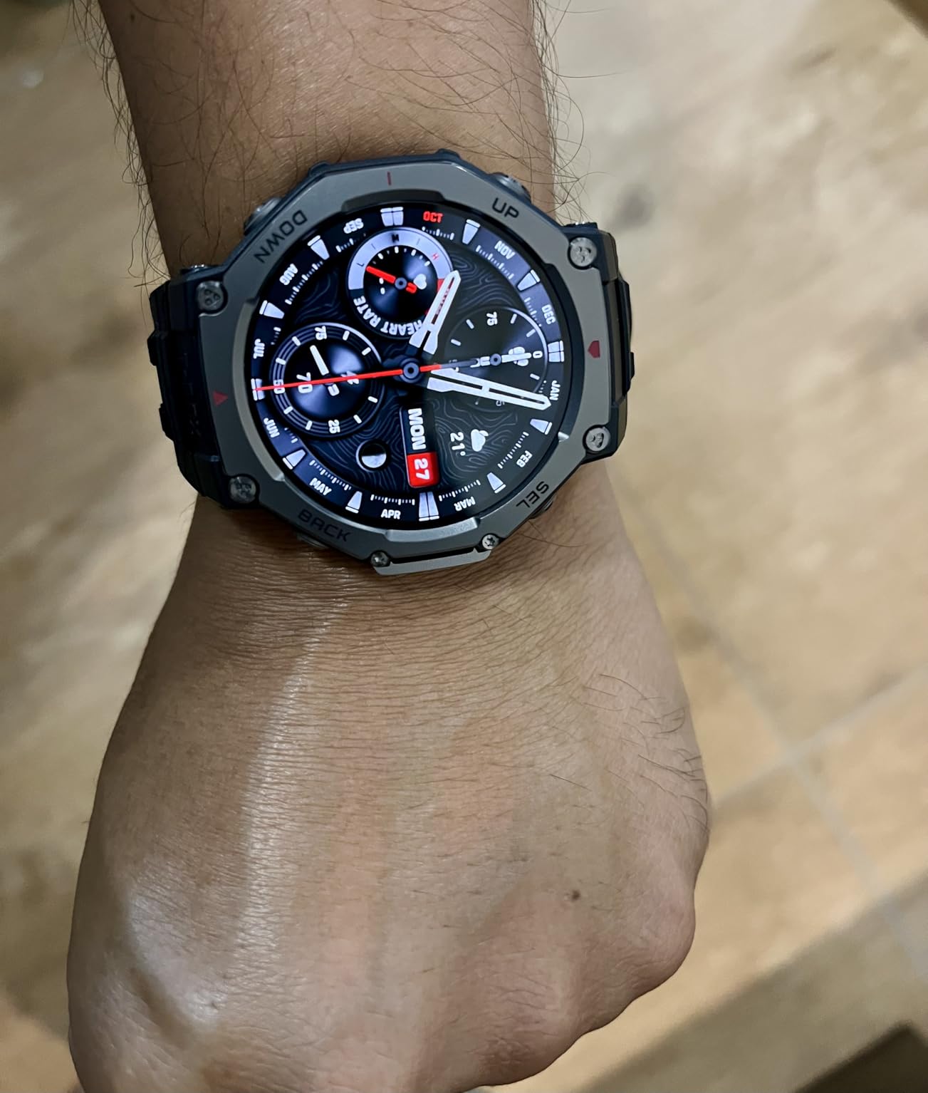 Amazfit T-Rex 3 Pro Outdoor Smart Watch 44mm Sapphire AMOLED Display with Flashlight, Ti Bezel, Dual Band GPS, Offline Maps, 17 Days Battery, 10 ATM, 180+ Sports Mode for Android & iPhone, Black Gold Customer Review Amazfit T-Rex 3 Pro Outdoor Smart Watch 44mm Sapphire AMOLED Display with Flashlight, Ti Bezel, Dual Band GPS, Offline Maps, 17 Days Battery, 10 ATM, 180+ Sports Mode for Android & iPhone, Black Gold - Customer Photo 1