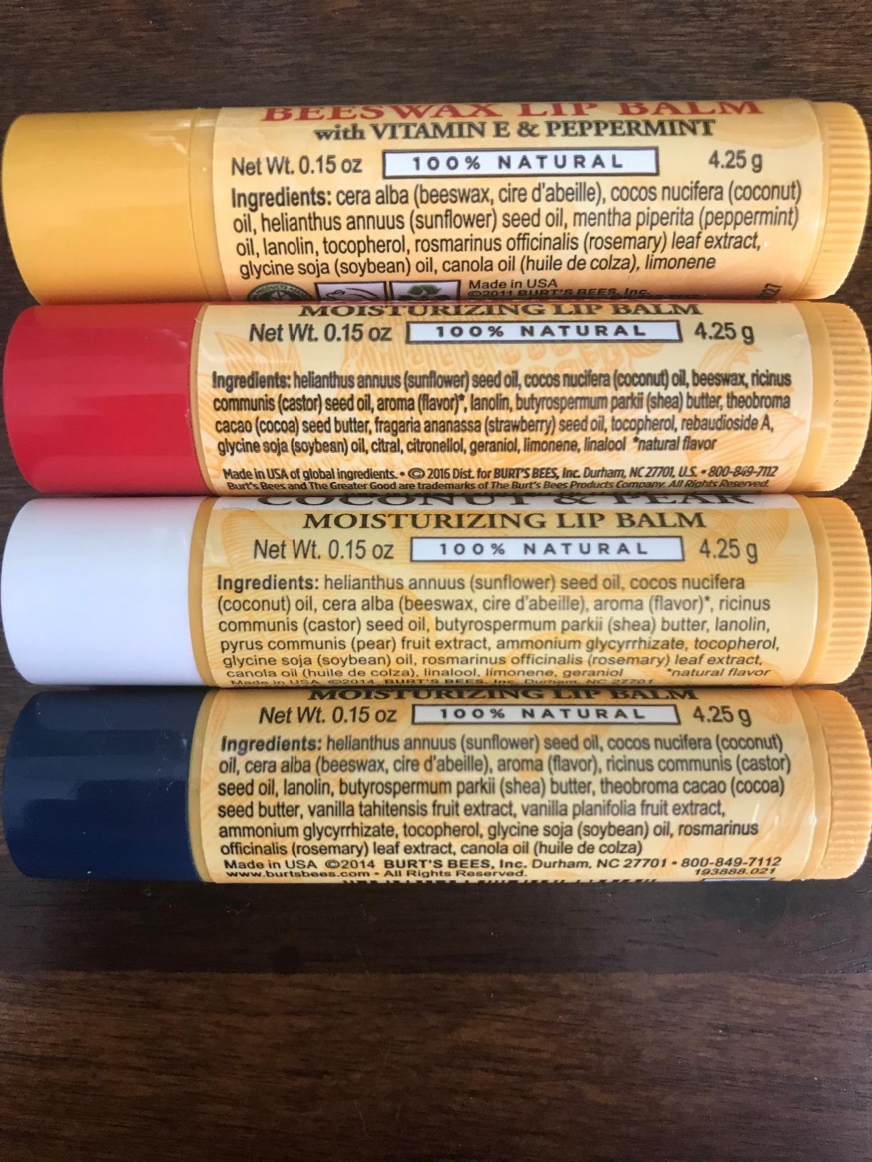 Burt's Bees Lip Balm, Beeswax, Strawberry, Coconut and Pear, and Vanilla Bean Pack, With Responsibly Sourced Beeswax, Tint-Free, Natural Lip Treatment, 4 Tubes, 0.15 oz. Customer Review Burt's Bees Lip Balm, Beeswax, Strawberry, Coconut and Pear, and Vanilla Bean Pack, With Responsibly Sourced Beeswax, Tint-Free, Natural Lip Treatment, 4 Tubes, 0.15 oz. - Customer Photo 4