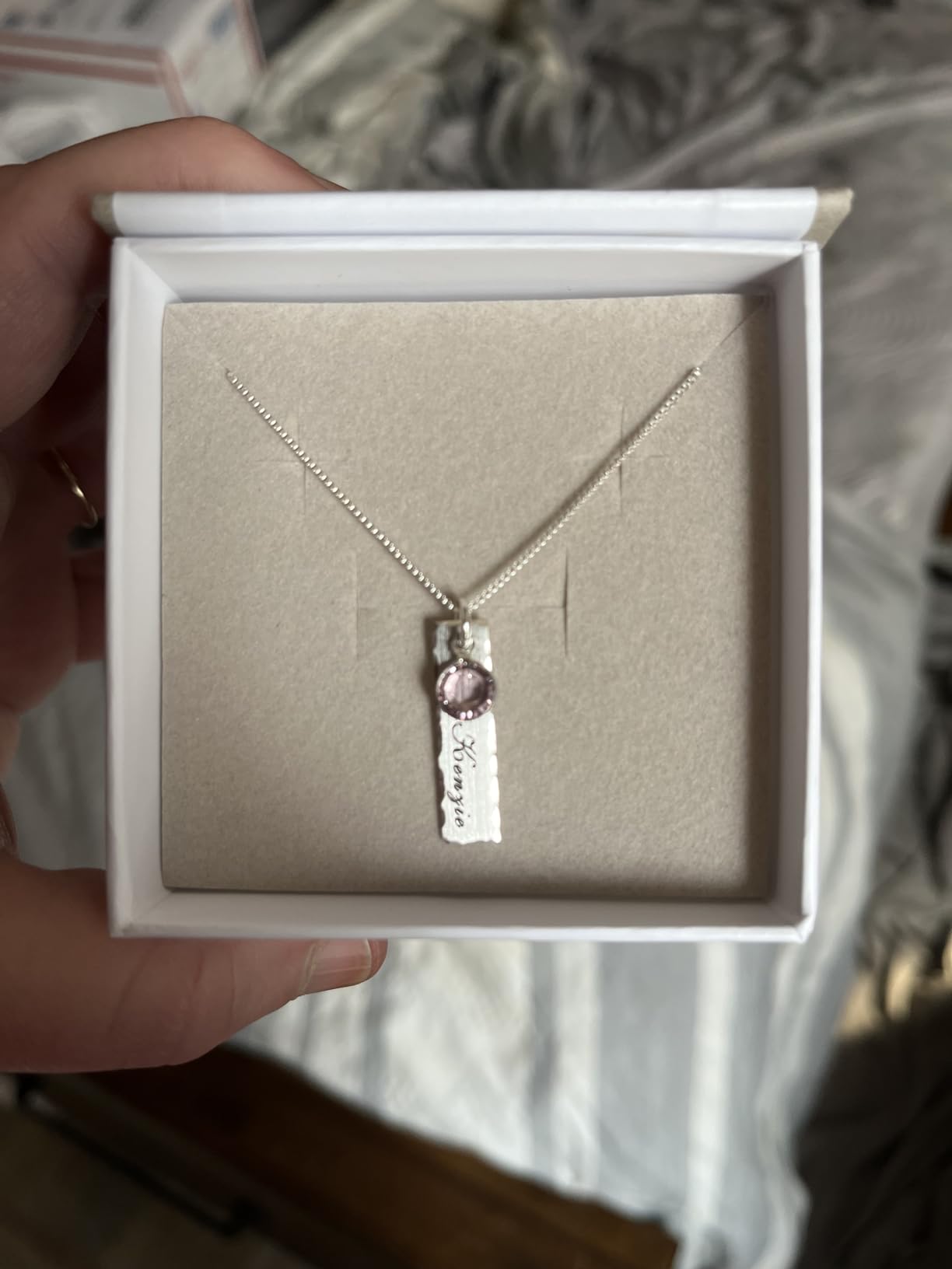 AJ's Collection Single Edge-Hammered Personalized Charm Necklace. Customize Sterling Silver Rectangular Pendant with Name and Birthstone. Includes a 925, Sterling Silver Chain. Makes Gifts for Her - Customer Photo 1