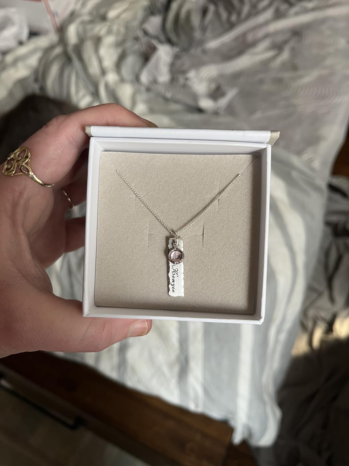 AJ's Collection Single Edge-Hammered Personalized Charm Necklace. Customize Sterling Silver Rectangular Pendant with Name and Birthstone. Includes a 925, Sterling Silver Chain. Makes Gifts for Her - Customer Photo 2