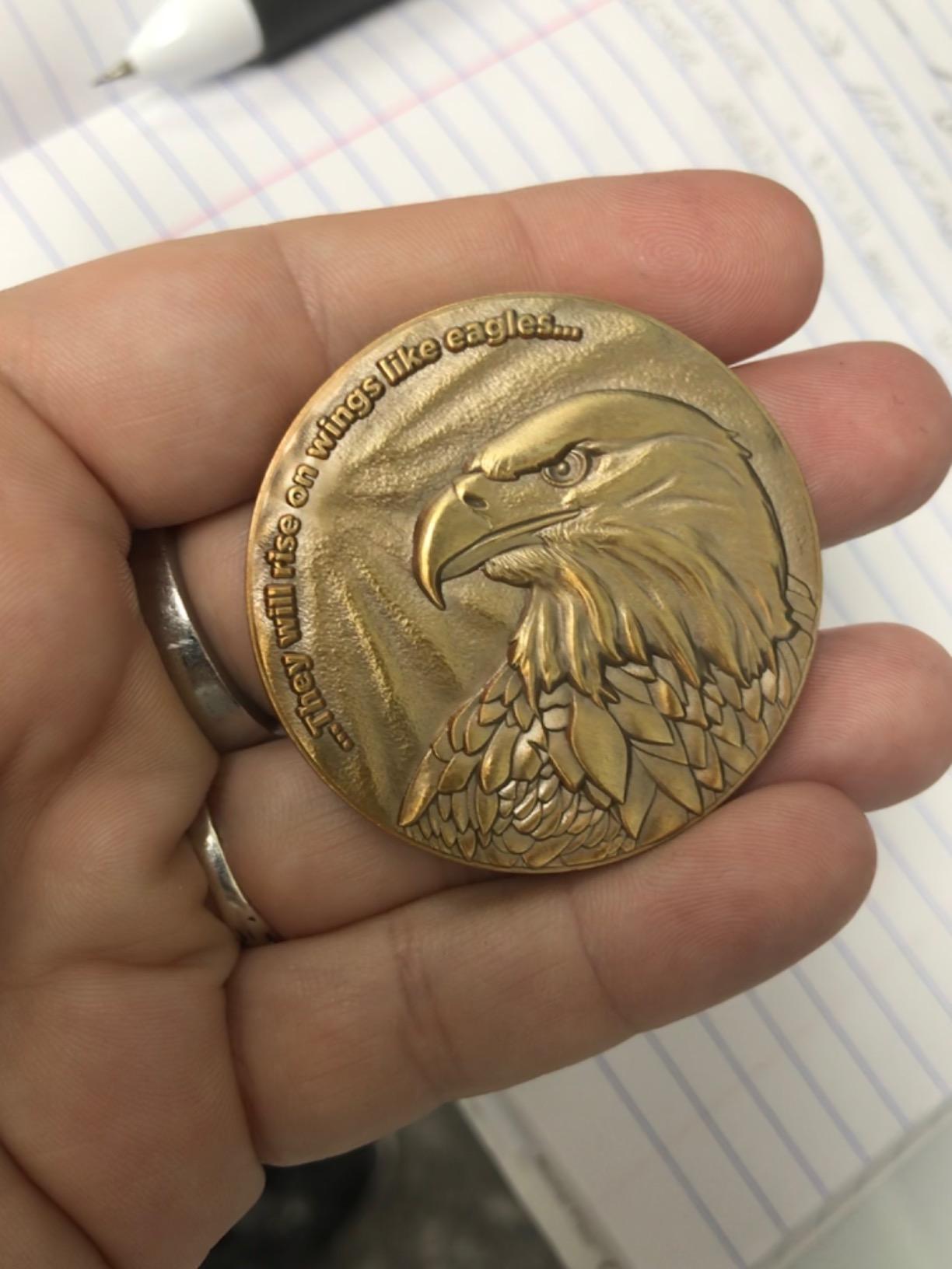 Christian Eagle Challenge Coin, Antique Gold-Color Plated, American Bald Eagle & Isaiah 40:31 - Customer Photo 1