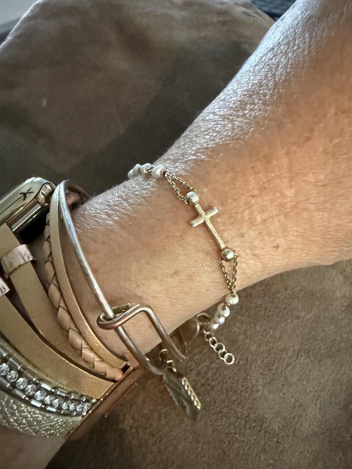 Miabella 18K Gold Plated 925 Sterling Silver Handmade Italian 3.5-4mm White Cultured Freshwater Pearl Rosary Cross Charm Bead Bracelet for Women, Adjustable Link Chain, 925 Italy - Customer Photo 1