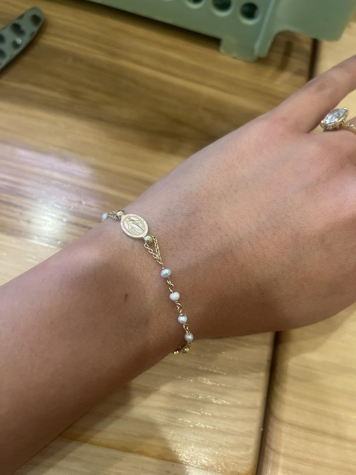Miabella 18K Gold Plated 925 Sterling Silver Handmade Italian 3.5-4mm White Cultured Freshwater Pearl Rosary Cross Charm Bead Bracelet for Women, Adjustable Link Chain, 925 Italy - Customer Photo 2