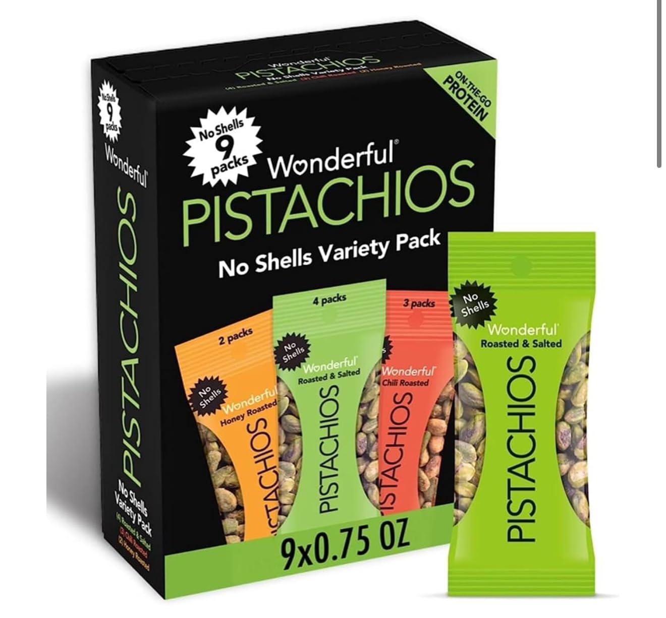 Wonderful Pistachios No Shells, 3 Flavors Mixed Variety Pack of 9 (0.75 Ounce), Roasted & Salted Nuts (4), Chili (3), Honey (2), Protein Snacks, Gluten Free, Healthy Snacks Variety Pack for Adults, Stocking Stuffers - Customer Photo 1