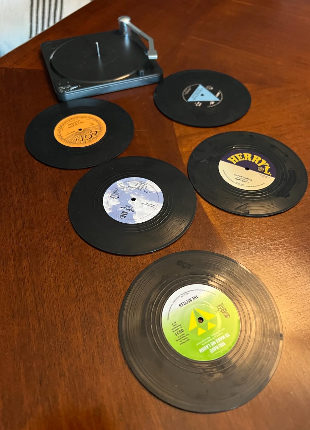 Funny Retro Record Coasters for Drinks with Vinyl Player Holder for Music Lovers,Set of 6 Conversation Piece Sayings Drink Coaster,Housewarming Hostess Wedding Registry Gift Ideas - Customer Photo 2
