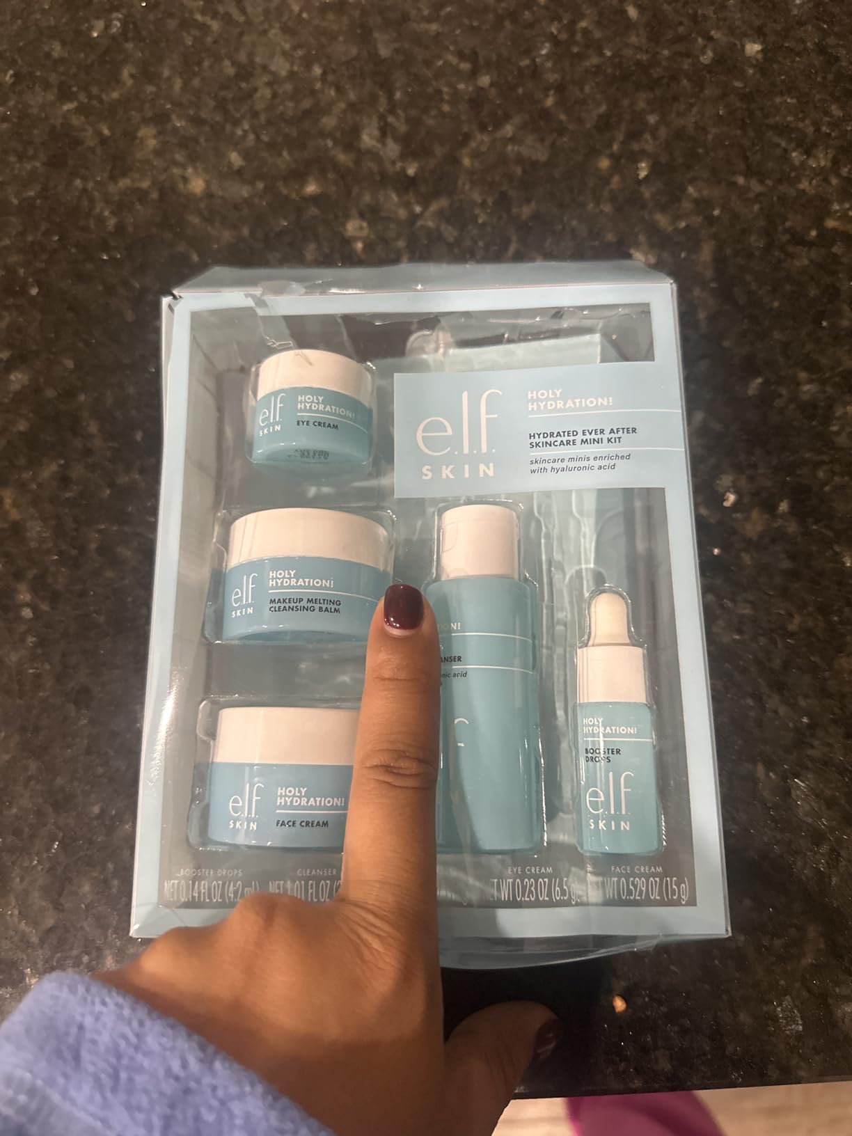 e.l.f. SKIN Holy Hydration! Hydrated Ever After Skincare Mini Kit, Cleanser, Makeup Remover, Moisturizer & Eye Cream For Hydrating Skin, Airplane-Friendly Sizes Customer Review e.l.f. SKIN Holy Hydration! Hydrated Ever After Skincare Mini Kit, Cleanser, Makeup Remover, Moisturizer & Eye Cream For Hydrating Skin, Airplane-Friendly Sizes - Customer Photo 1