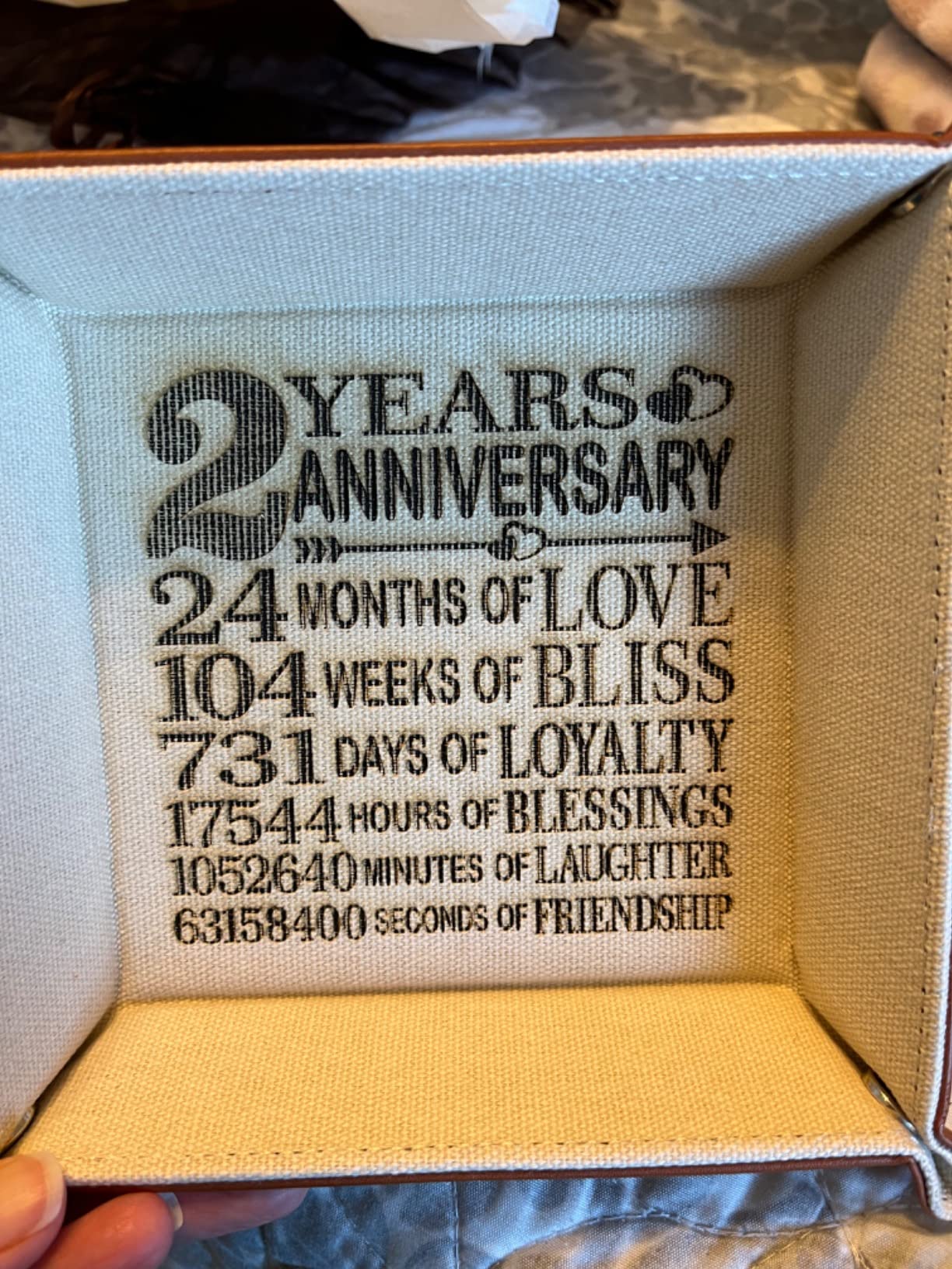 2 Years Anniversary Traditional Cotton Gift, 2nd Wedding Anniversary, Engraved Cotton Organization Jewelry Tray Customer Review 2 Years Anniversary Traditional Cotton Gift, 2nd Wedding Anniversary, Engraved Cotton Organization Jewelry Tray - Customer Photo 2