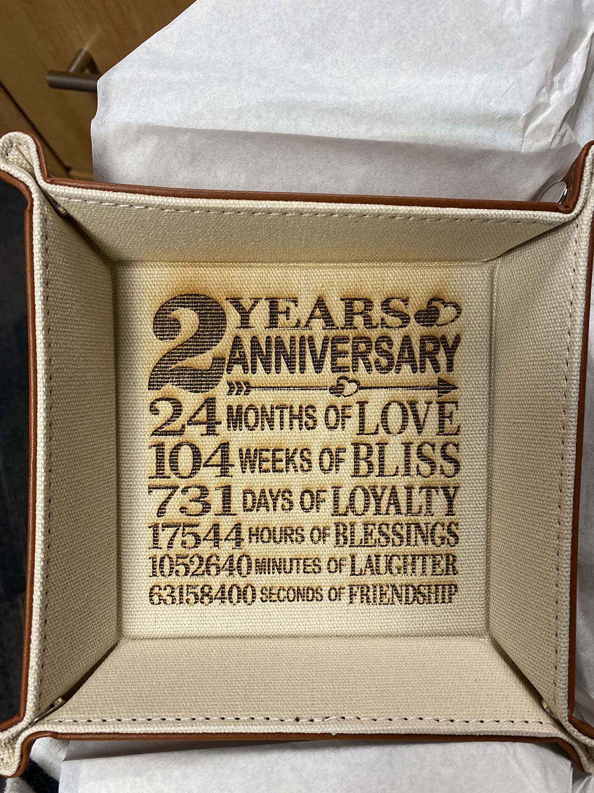 2 Years Anniversary Traditional Cotton Gift, 2nd Wedding Anniversary, Engraved Cotton Organization Jewelry Tray Customer Review 2 Years Anniversary Traditional Cotton Gift, 2nd Wedding Anniversary, Engraved Cotton Organization Jewelry Tray - Customer Photo 5