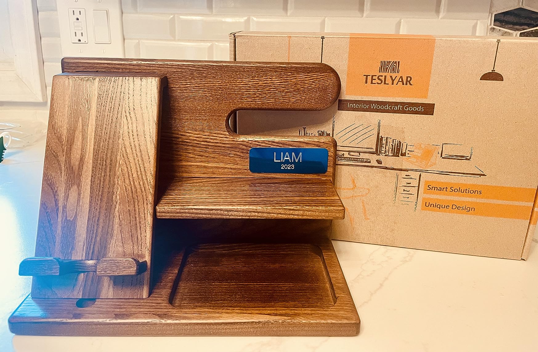 TESLYAR Wood Phone Docking Station for Men - Desktop or Nightstand Organizer - Birthday Gifts for Men, Dad - Anniversary Idea from Wife - Key Holder, Stand Wallet, Watch & Essentials (Black) Customer Review TESLYAR Wood Phone Docking Station for Men - Desktop or Nightstand Organizer - Birthday Gifts for Men, Dad - Anniversary Idea from Wife - Key Holder, Stand Wallet, Watch & Essentials (Black) - Customer Photo 1