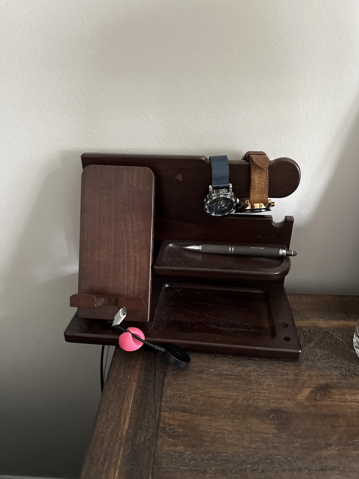 TESLYAR Wood Phone Docking Station for Men - Desk or Nightstand Organizer - Birthday Gifts for Husband, Dad - Anniversary Idea from Wife - Key Holder, Stand Wallet, Watch & Essentials (Bourbon Brown) - Customer Photo 2