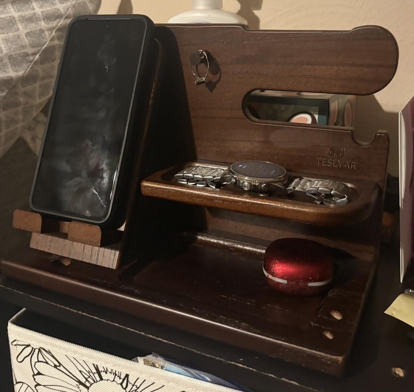TESLYAR Wood Phone Docking Station for Men - Desk or Nightstand Organizer - Birthday Gifts for Husband, Dad - Anniversary Idea from Wife - Key Holder, Stand Wallet, Watch & Essentials (Bourbon Brown) - Customer Photo 4