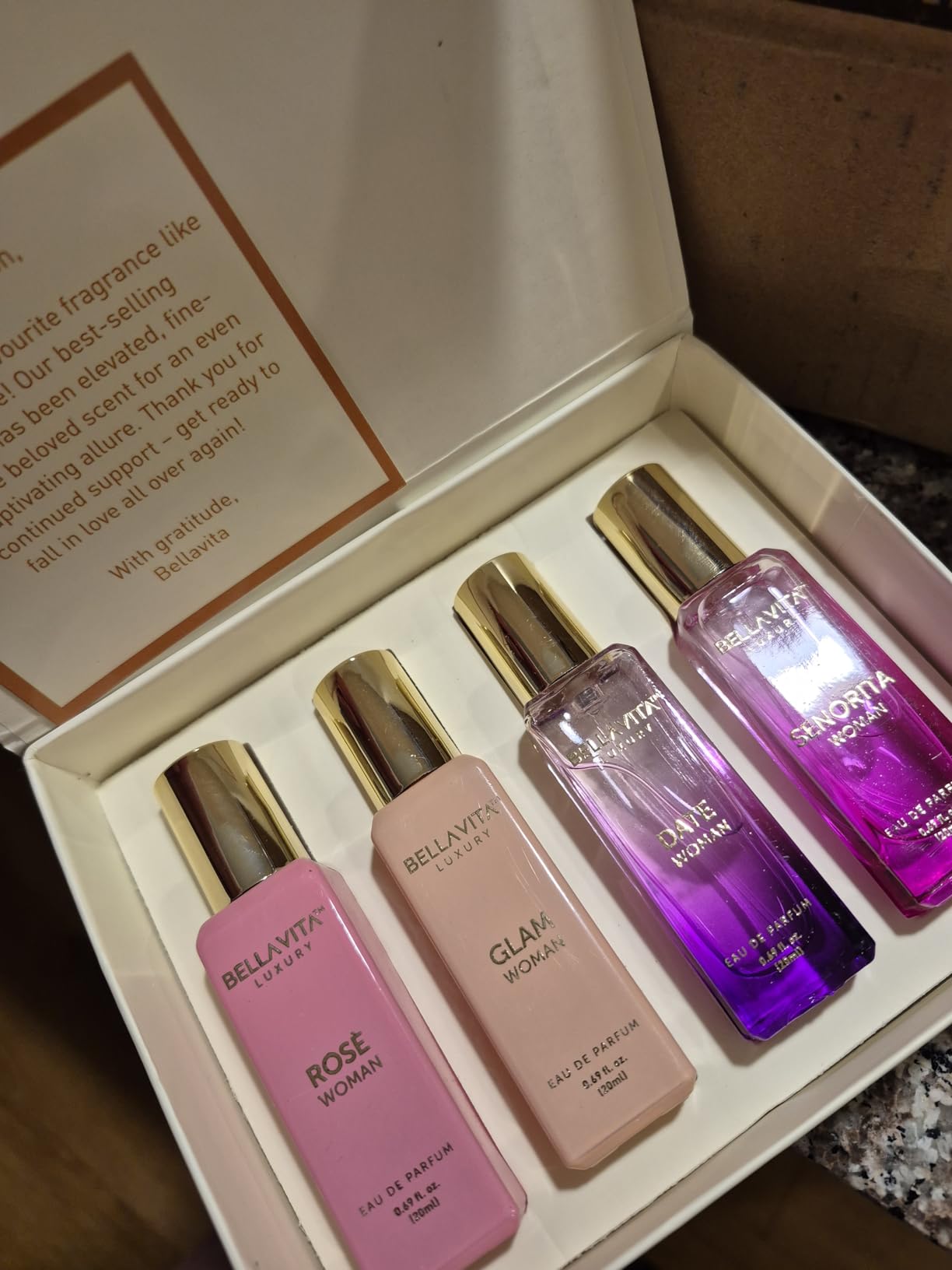 BellaVita Luxury Women's Perfume Gift Set (4x20ml) | Notes of Floral, Sweet, Spicey Red Fruit, Vanilla & Musk | DATE, SENORITA, GLAM & ROSE | French Parfum Collection Gift Set Customer Review BellaVita Luxury Women's Perfume Gift Set (4x20ml) | Notes of Floral, Sweet, Spicey Red Fruit, Vanilla & Musk | DATE, SENORITA, GLAM & ROSE | French Parfum Collection Gift Set - Customer Photo 1