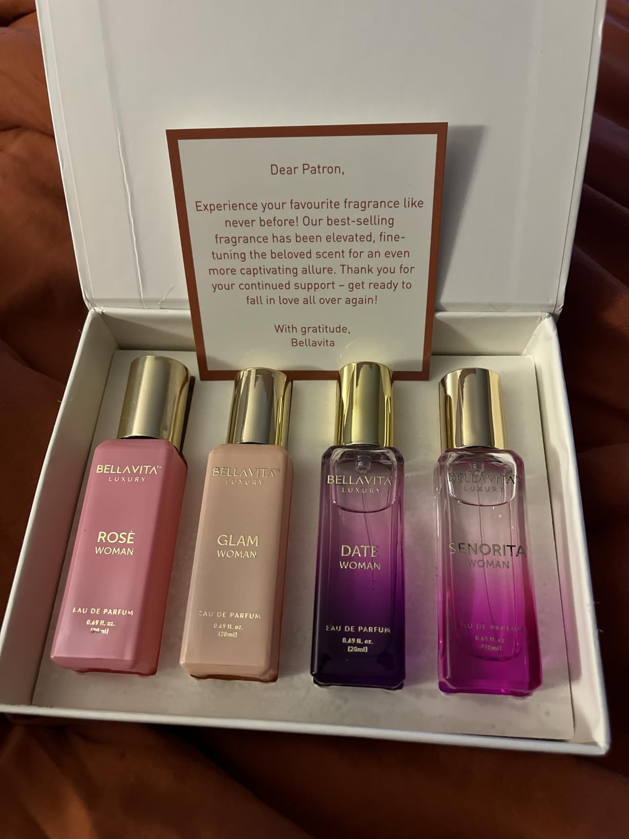 BellaVita Luxury Women's Perfume Gift Set (4x20ml) | Notes of Floral, Sweet, Spicey Red Fruit, Vanilla & Musk | DATE, SENORITA, GLAM & ROSE | French Parfum Collection Gift Set Customer Review BellaVita Luxury Women's Perfume Gift Set (4x20ml) | Notes of Floral, Sweet, Spicey Red Fruit, Vanilla & Musk | DATE, SENORITA, GLAM & ROSE | French Parfum Collection Gift Set - Customer Photo 2