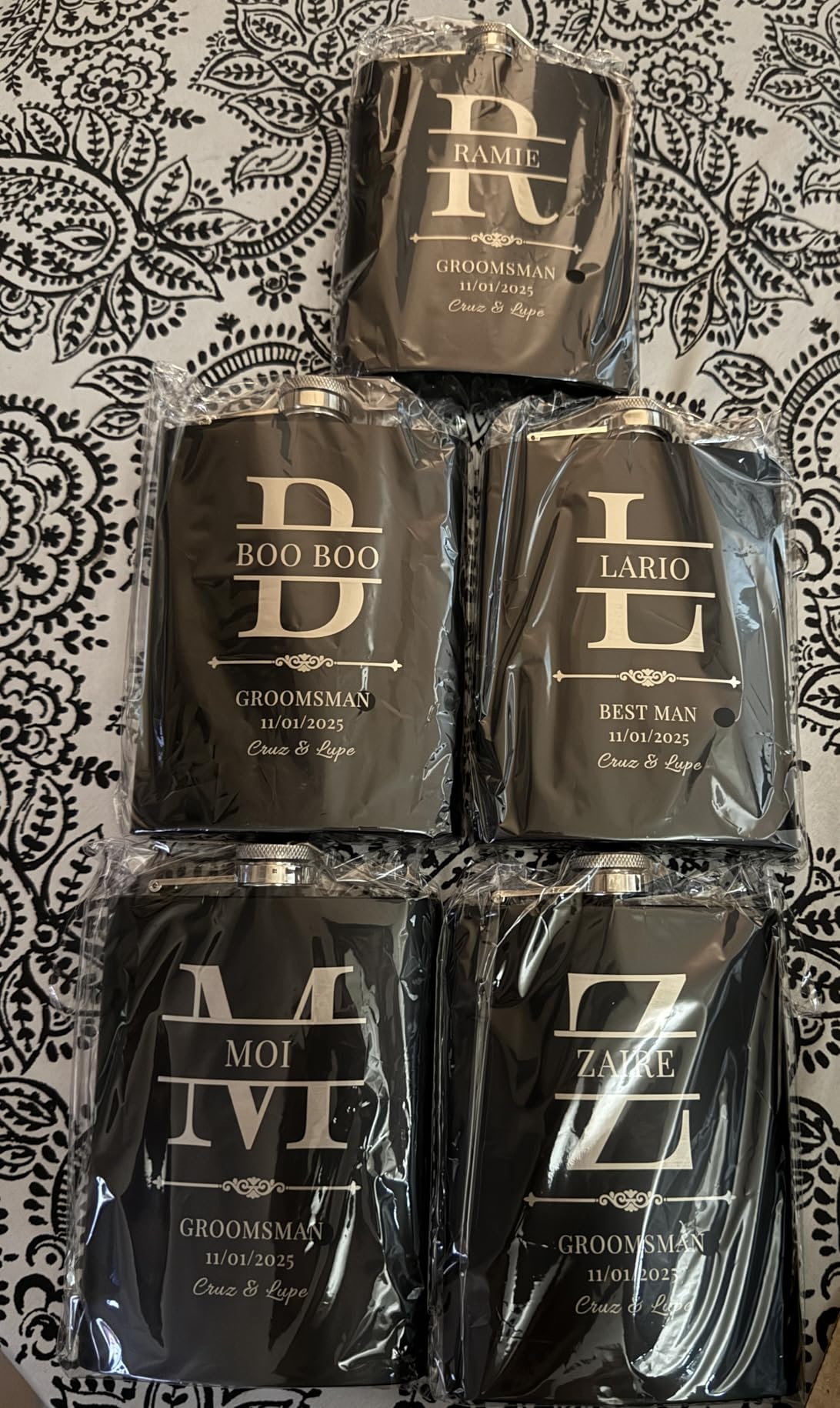 Groomsmen Flasks, Set of 8 Personalized Groomsmen Gifts for Wedding, Custom Engraved Whiskey 304 Steel Stainless Flasks for Groomsman Best Man Groom Father of Bride, Black Customer Review Groomsmen Flasks, Set of 8 Personalized Groomsmen Gifts for Wedding, Custom Engraved Whiskey 304 Steel Stainless Flasks for Groomsman Best Man Groom Father of Bride, Black - Customer Photo 1
