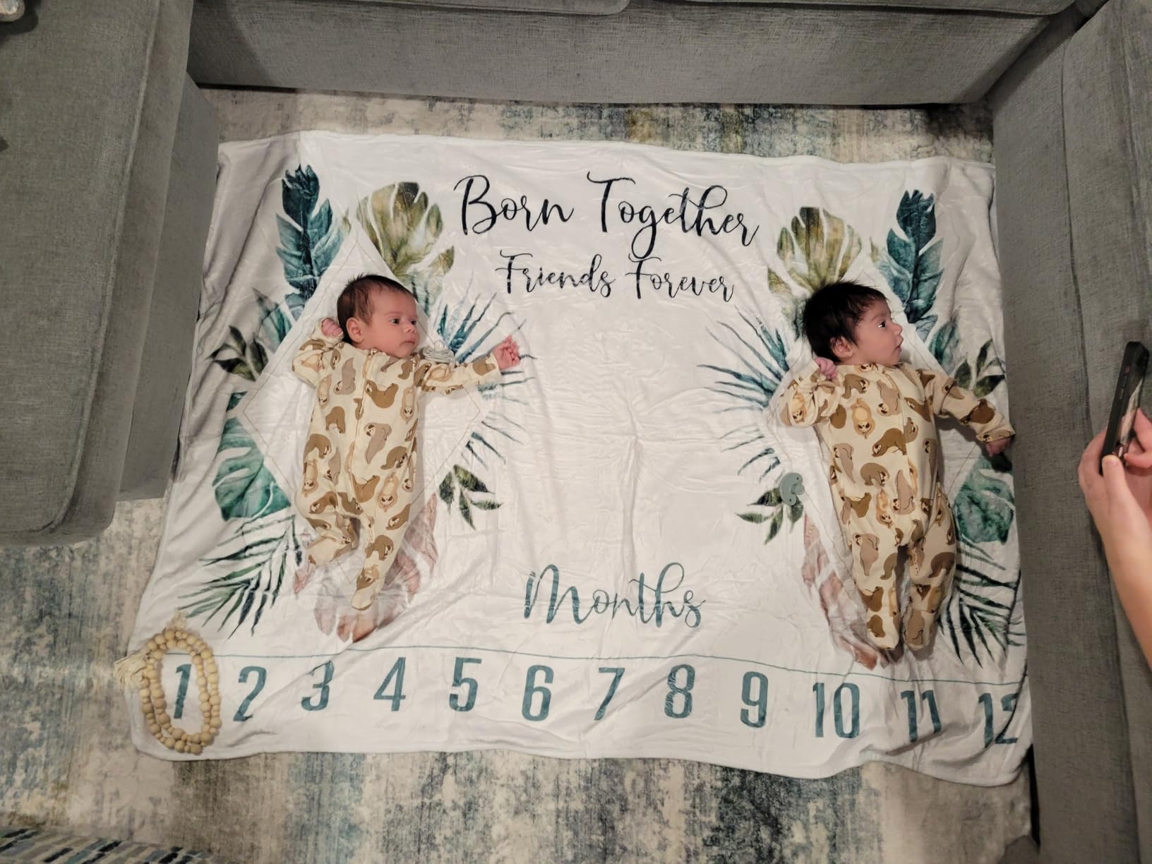 Twins Monthly Milestone Blanket with Boho Beads Frame & Proud Mom's Sticker - Unisex Twins Babies Essentials - 40 x 60 Large Flannel Blanket, Photography Backdrop Photo Prop for Boy & Girl Customer Review Twins Monthly Milestone Blanket with Boho Beads Frame & Proud Mom's Sticker - Unisex Twins Babies Essentials - 40 x 60 Large Flannel Blanket, Photography Backdrop Photo Prop for Boy & Girl - Customer Photo 1