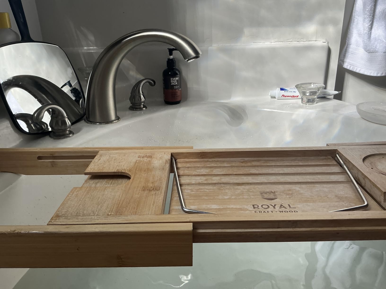 Bathroom Caddy Organizer & Bathtub Tray - Expandable Bamboo Bath Caddy with Wine, Book & Tablet Holder - Luxurious Bath Accessories - Customer Photo 1