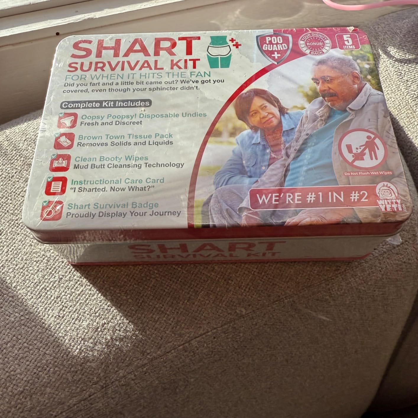 Funny Shart Survival Kit by Witty Yeti. Ultimate Poop Prank Gag Gift Set Contains Wet Wipes, Disposable Underwear, Tissues and Hilarious Badge. Novelty Fart Potty Pack Great for Friends or Family - Customer Photo 2